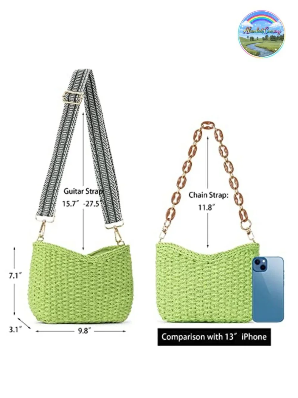 Handwoven Straw Crossbody Bag with Two Straps, Zipper Closure, Boho Hobo Purse